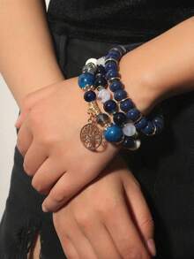Juego de 3 Pulseras de Joyería de Árbol Pequeño de Moda Atmosférica (Mismo Estilo de Cuentas con Diferentes Tamaños, Cantidad de Cuentas Aleatoria Según el Tamaño) - Multicolor - Ver 2