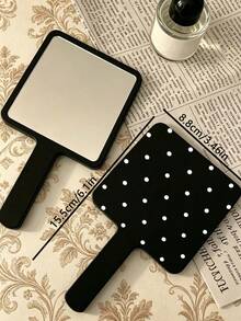 1pc Black And White Polka Dot Handheld Makeup Mirror, Square High-Definition Makeup Mirror With Handle, Portable Dressing Mirror, Suitable For Daily Makeup And Travel - Multicolor - View 3