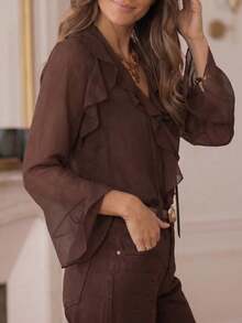 Blusa de mujer con cuello en V, volantes de gasa, color marrón, semitransparente, mangas acampanadas - Marrón - Ver 7