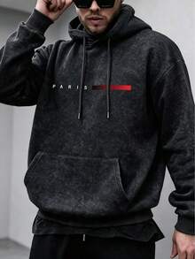 Men's Washed Distressed Hoodie Sweatshirt, Autumn/Winter, PARIS Letter Red Stripe Print, Loose Fit, Drawstring, Kangaroo Pocket, Pullover Top - Black - View 6