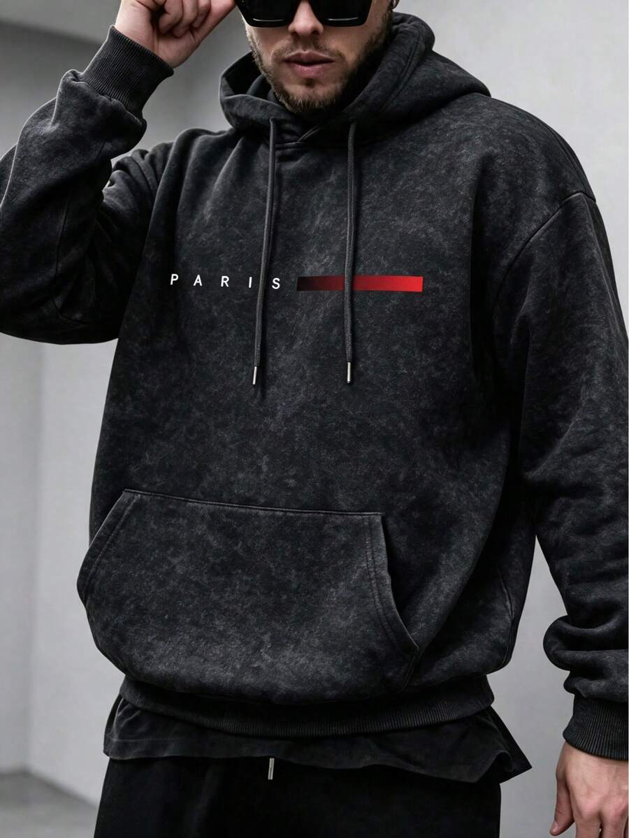Men's Washed Distressed Hoodie Sweatshirt, Autumn/Winter, PARIS Letter Red Stripe Print, Loose Fit, Drawstring, Kangaroo Pocket, Pullover Top - Black - View 1