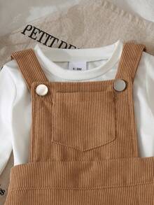 2pcs Baby Girl Solid Color Minimalist Long Sleeve Top & Corduroy Side Bow Split Strap Skort Set, Spring/Autumn Thin - White - View 4