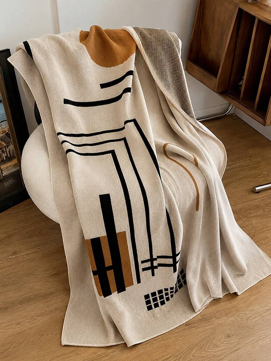 1pc Ultra Soft & Cozy Scandinavian Knit Throw Blanket - Luxurious Striped Design, Suitable For All Seasons, Great For Office Naps, Chilly Nights And Cuddling - Lightweight Acrylic Material, Easy Care, Versatile Use - Beige - View 1