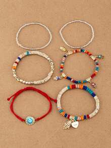 6pcs Fashionable Middle Eastern Style Mixed Evil Eye & Palm Decor Multi-Layer Bracelet Set For Women - Multicolor - View 2