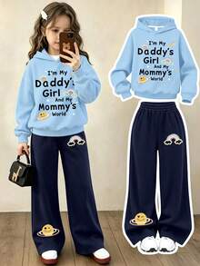 Fashionable Youthful Girls Letter Cartoon Personalized Pattern Print Hoodie Sweatshirt Paired With Printed Loose Wide Leg Pants, 2-Piece Set For Autumn/Winter - Baby Blue - View 1