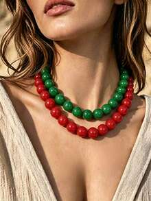 1 pieza Collar de cuentas bohemio con patrón de mármol exagerado, grueso y apilable, adecuado para vacaciones - Collar degradado multicolor vintage - Ver 14