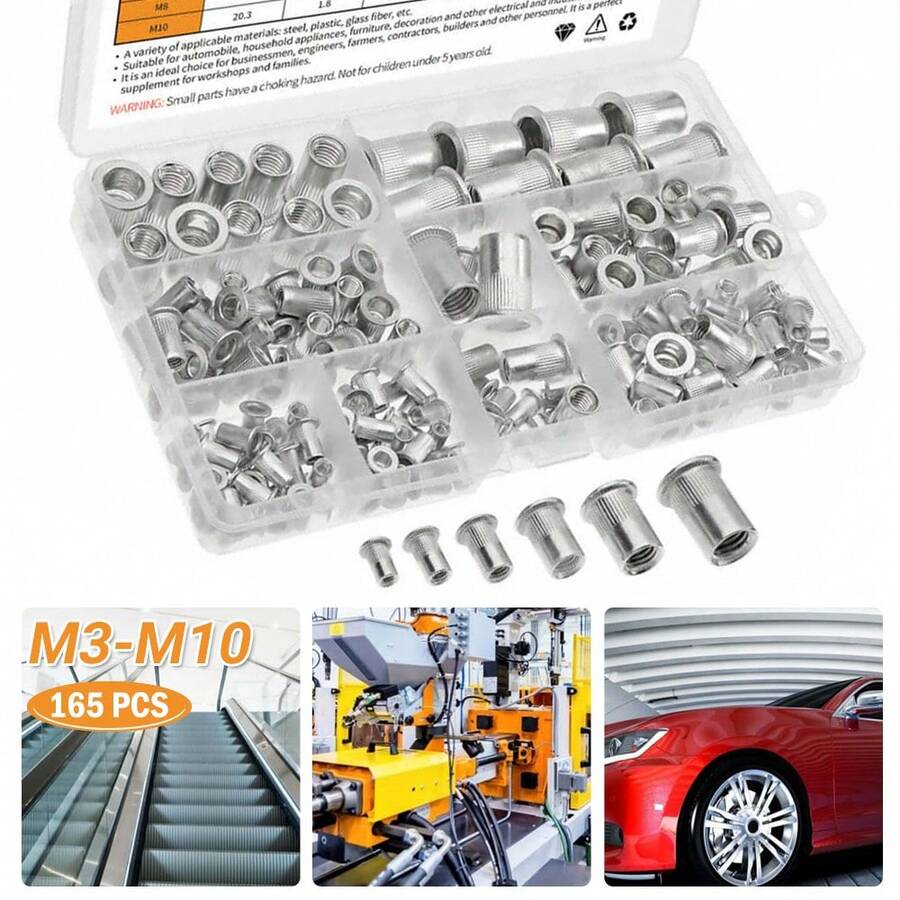 2Set (165pcs/Set) Nutsert Aluminum Rivet Nut Metric Blind Threaded Nuts Nutserts M3-M10 - Flat Head Knurled Rivet Nut - View 1