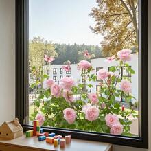 1pc 2D Pink Floral Window Sticker, Realistic Flower & Butterfly Decor, Self-Adhesive & Removable - Multicolor - View 6