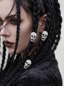 3pcs Rhinestone Skull Dreadlock Hair Beads Gothic Halloween Braid Hair Clips Punk Hair Accessories For Women - Silver - View 1