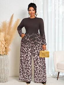 BIUBIU Women's Plus Size Leopard Print Long Jumpsuit With Long Sleeves, Round Neck, Ruched Detailing, And Pockets, Made From Medium Stretch Knitted Fabric - Coffee Brown - View 1