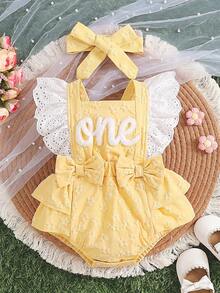 Set 2 Potong Bayi Perempuan Kasual Lucu Motif Bunga Bordir Huruf Romper dan Pita Hiasan Ruffle, Cocok untuk Pemakaian Sehari-hari dan Pesta - Kuning - View 2