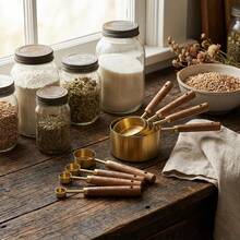 8pcs Measuring Cups & Spoons Set, Stainless Steel With Wooden Handle, Stackable Kitchen Measuring Tools, Suitable For Cooking, Baking, Dry & Wet Ingredients Weighing, Kitchen Baking Tools, Perfect For Home Baking Enthusiasts, Cooking Lovers And Baristas - Gold - View 5