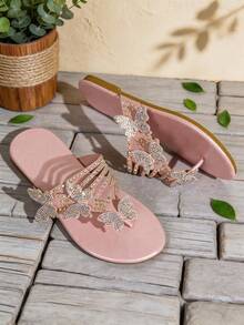 1 Pair Girls' Pink Rhinestone Decorated Butterfly Flat Non-Slip Flip Flop Sandals, Summer Children's Flip Flops - Pink - View 5