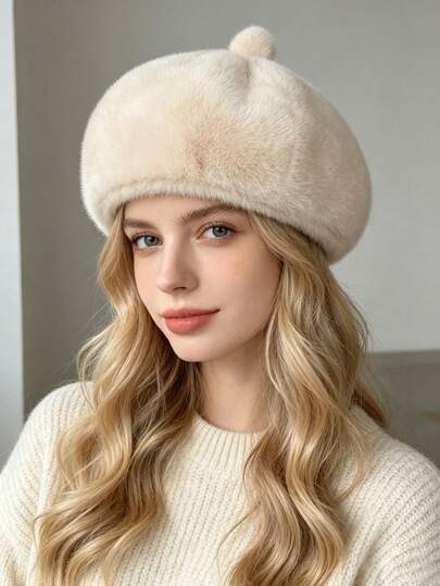 1pc Women's Solid Color Faux Fur Pom Pom Decorated Warm Vintage Beret Hat, Suitable For Autumn/Winter Outdoor And Daily Wear