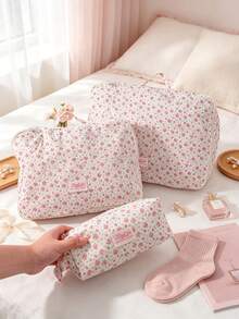 1pc/Set Pink Floral Print 4pcs Travel Luggage Organizer Set, Zippered Clothing Storage Bags, Portable Suitcase Organizer, Multi-Size Storage - Pink - View 6