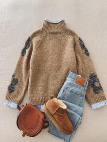 Vintage Women's Bohemian Style Floral Contrast Jacquard Knit Pullover Wool Sweater, Ribbed Details, Long Sleeve Regular Fit, Suitable For Autumn/Winter - Camel - View 5