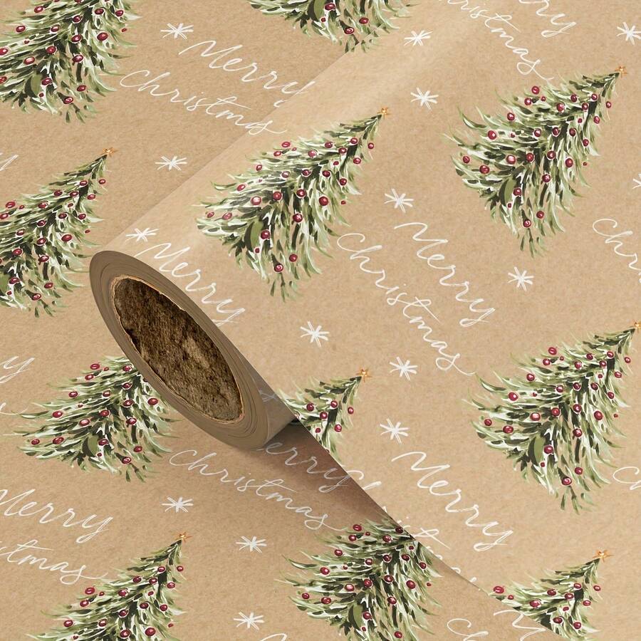 1 Roll Christmas Wrapping Paper, Brown Background With Christmas Tree And Snowflake Pattern, Suitable For Christmas Gifts, Holiday Celebrations, Party Decorations And Gift Wrapping - Size 43cm X 500cm (17in X 16.4ft) - A - View 1