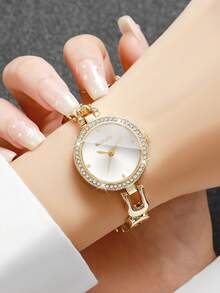 Women's Bracelet Watch, Round Dial With Rhinestones, Simple Scale, Elegant Quartz Watch, Gift For Girlfriend (1pc/Set), Watch Box Not Included - Gold - View 2