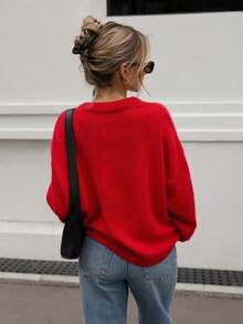 Women's French Vintage Red Round Neck Sweater, Loose Drop Shoulder Slouchy Ribbed Long Sleeve Knit Top, Autumn/Winter - Red - View 5