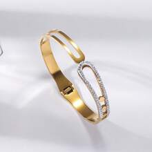 1/3pcs Luxury 18K Gold Plated Stainless Steel Bracelet Set For Women, Light Blue Evil Eye & Geometric Pave Zirconia Open Bangle - Gold - View 7