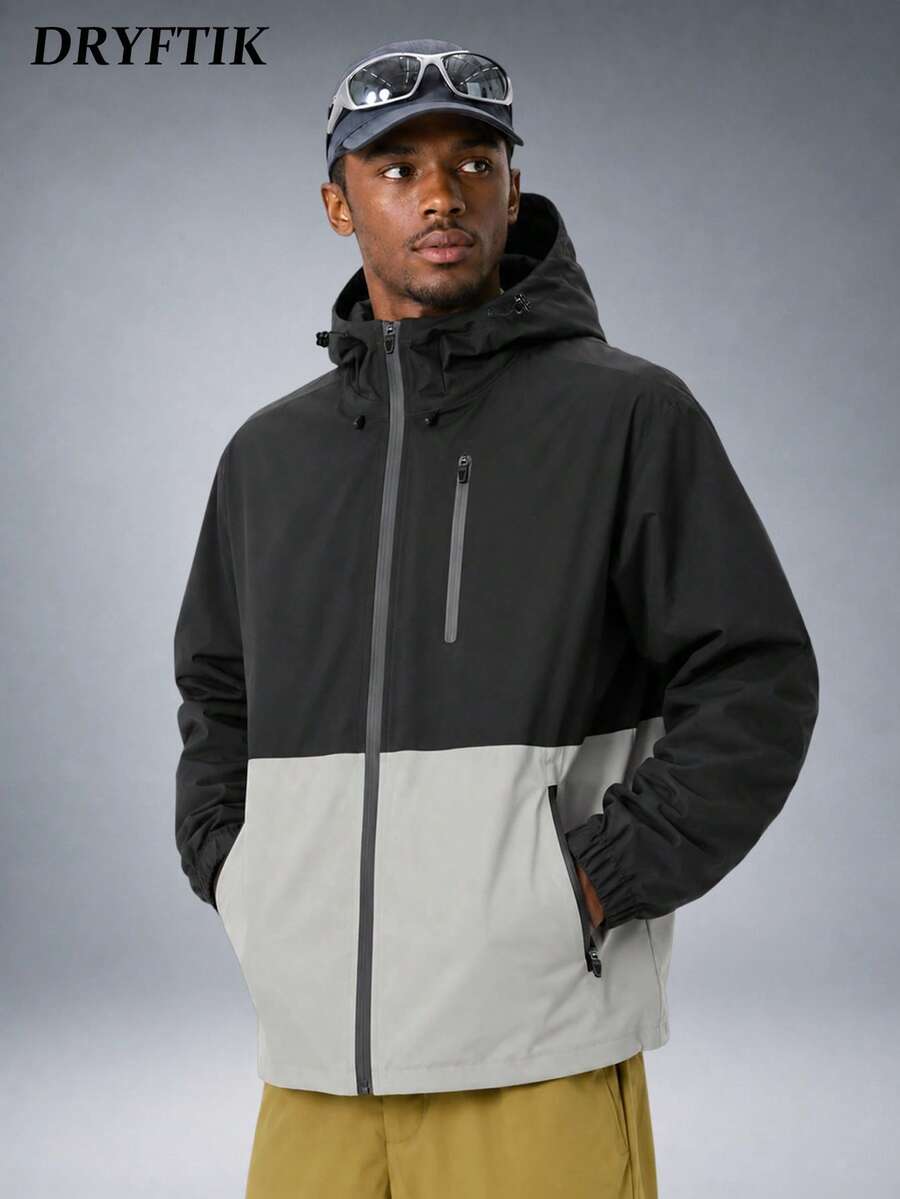 Men's Drawstring Hooded Casual Versatile Zip Pocket Windbreaker Jacket, Suitable For Daily Wear