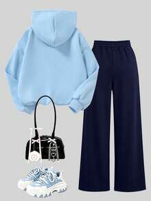 Fashionable Youthful Girls Letter Cartoon Personalized Pattern Print Hoodie Sweatshirt Paired With Printed Loose Wide Leg Pants, 2-Piece Set For Autumn/Winter - Baby Blue - View 4