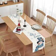 1pc Christmas Table Runner, Watercolor Snowman & Bird Let It Snow Snowflake Print Tablecloth, Winter Holiday Dining Table Home Decor, Accessories Not Included - Multicolor - View 6