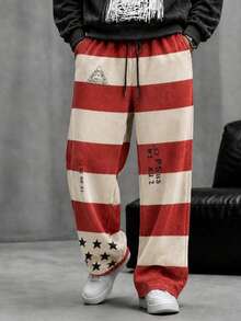 Krometka Men's American Vintage Striped Star Print Wide Leg Sweatpants, High Street Distressed Drawstring Elastic Waist Straight Leg Casual Long Pants - Red - View 1