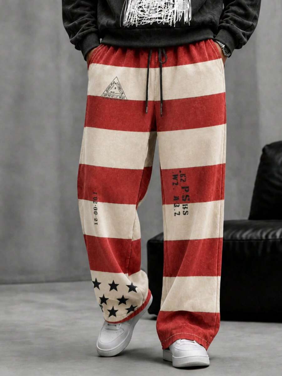 Krometka Men's American Vintage Striped Star Print Wide Leg Sweatpants, High Street Distressed Drawstring Elastic Waist Straight Leg Casual Long Pants - Red - View 1