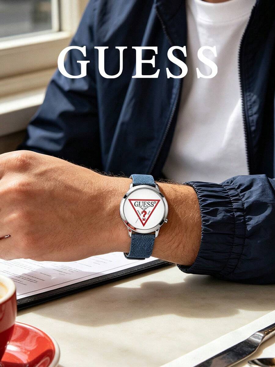 GUESS Vintage Triangle Logo Series Quartz Watch, Denim Fabric & Silicone Multicolor Strap, Unisex Wristwatch - one-size - View 1