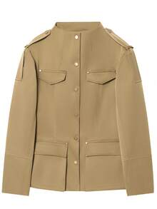 Women's Strappy Pocket Stand Collar Long Sleeve Jacket, Elegant, Suitable For Autumn - Apricot - View 3