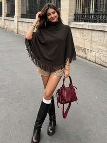 Women's Casual Regular Solid-Color High-Neck Turtleneck Sleeveless Fringe-Edged Poncho Outwear Fashion Fringe Sweater, Fall Winter - Coffee Brown - View 3