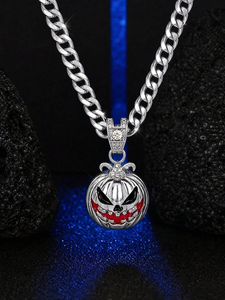 Men Halloween Pumpkin Face Pendant Necklace, Hip Hop Enamel Rhinestone Cuban Chain Necklace, Gothic Party Costume Jewelry Gift - Pumpkin Head Pendant - View 1