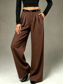 Women's Commuter High Waist Pure Pleated Loose Wide Leg Suit Pants - Brown - View 5