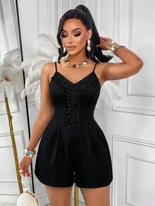 AIJ Women's Spaghetti Strap Tassel Lace Romper With Back Ruched Detail And Pockets, Black, Suitable For Beach, Casual Wear And Night Out In Summer And Autumn - Pure Black - View 7