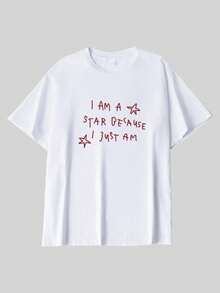 1pcs Women's Red Hand-Painted Star Casual Handwritten English Printed PatternT-Shirt,White Pullover Round-Neck Short-Sleeve Versatile Top-Holiday Gift - White - View 3