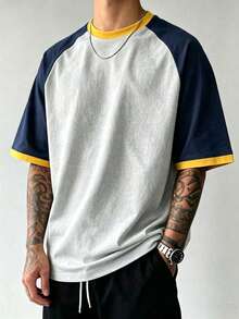 Camiseta de bloques de color vintage para hombres, tela de punto transpirable, diseño de cuello redondo regular, adecuada para uso diario - Gris - Ver 3