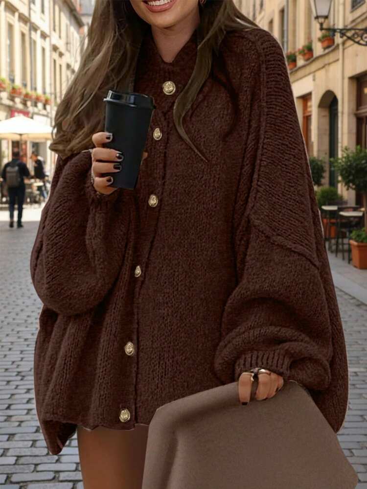 Joy Knit Women's Autumn/Winter Sweater Fashion New Style - Winter Sweater Cardigan Minimalist Versatile Loose Fit - Metal Button Knit Long Sleeve Cardigan - Coffee Brown - View 2