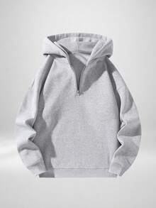 Men's Half Zip Up Hoodie, Solid Color Loose Drop Shoulder Long Sleeve Casual Pullover Hooded Sweatshirt - Grey - View 3