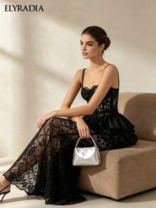 ELYRADIA Lady's Elegant Party Black Lace Dress, Formal Cocktail Dress, Corset With Fishbone Structure And Sheer Skirt, Suitable For Luxurious Dinner Occasions - Black - View 2