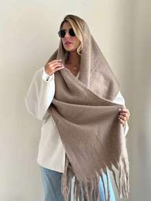 1pc Women's Autumn/Winter White Solid Color Versatile Preppy Style Elegant Thick Faux Fur Warm Scarf, Suitable For Cold Weather Shopping And Outfit - Cold Brown - View 6