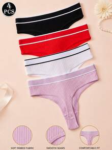 4pcs/Pack Women's Sexy Thong Soft Solid Color Minimalist Underwear - Multicolor - View 2