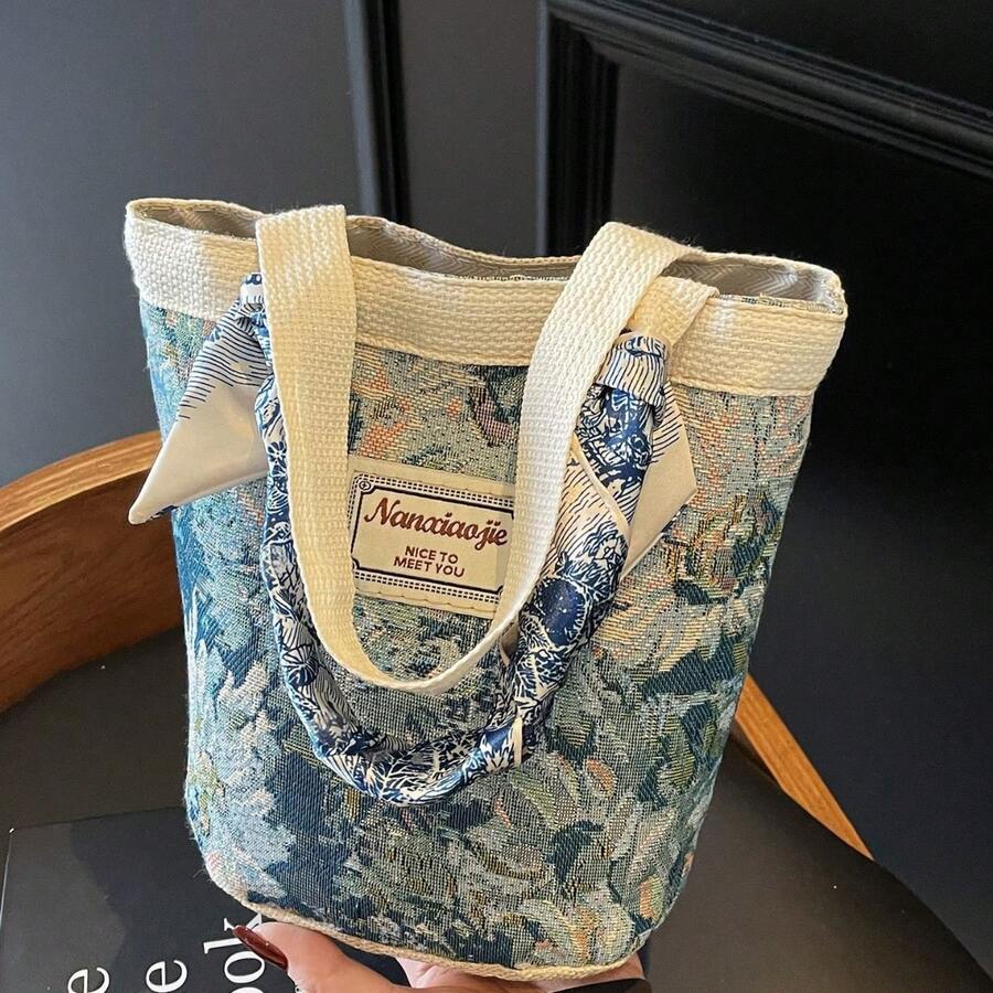 Tas Tangan Ember Motif Bunga Jacquard, Tas Jinjing Kain Wanita, Tas Penyimpanan Kecil untuk Aktivitas Sehari-hari - MultiWarna - View 1