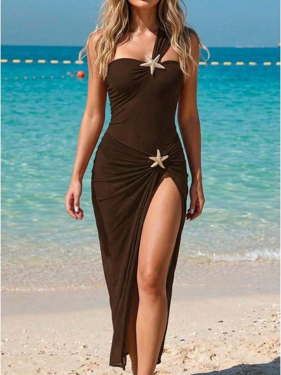 Sultry Sol Conjunto de traje de baño de una pieza negro sexy y elegante con falda decorada con estrellas para vacaciones en resort de playa de moda