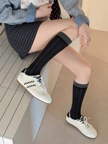 1 Pair/4 Pairs Women's Autumn/Winter Heart Pattern Knee-High Socks, Versatile Striped Knee Socks With Wide Cuff - Multicolor - View 9