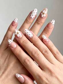 Korean Style Press On Nails 10Pcs Medium Almond Nails French Manicure Red Dot 3D Flower Decoration Glossy Fake Nails Nail Set For Party Dating - Multicolor - View 2