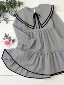 Tween Girls Tween Girl Autumn/Winter Transition Season Autumn Dress, Comfortable Loose Fit, Black & White Striped Color Block, Layered Ruffle Collar, Bowknot Rope Tie, Doll Style A-Line Ruffle, Cute Pastoral Vacation Casual Everyday - Multicolor - View 8