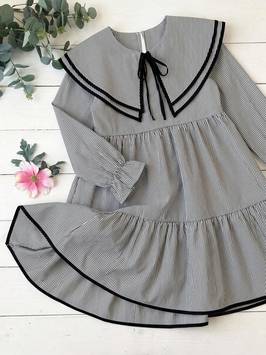 Vestido de transición otoño/invierno para niñas preadolescentes, corte holgado y cómodo, a rayas en blanco y negro con bloques de color, cuello con volantes en capas, lazo con cordón, estilo muñeca con volantes en línea A, lindo estilo campestre para vacaciones y uso diario casual - Multicolor - Ver 1