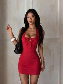 Women's Summer Halter Neck Tie Solid Color Casual Bodycon Dress, Party, Holiday, Back To School - Red - View 2