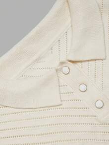 DONICY Women's Cream Polo Collar Diagonal Hollow Half Button Cropped Knit Top, Long Sleeve Textured Sweater For Spring Fall Daily Wear - Apricot - View 4
